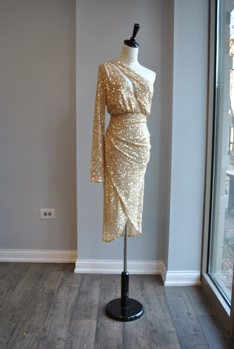 CLEARANCE - GOLD SEQUIN MIDI ASYMMETRIC FIT DRESS