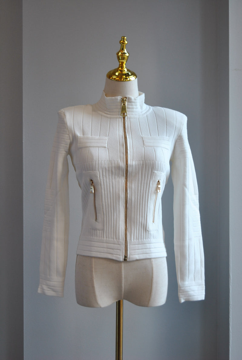 WHITE SWEATER BLAZER WITH GOLD ZIPPERS