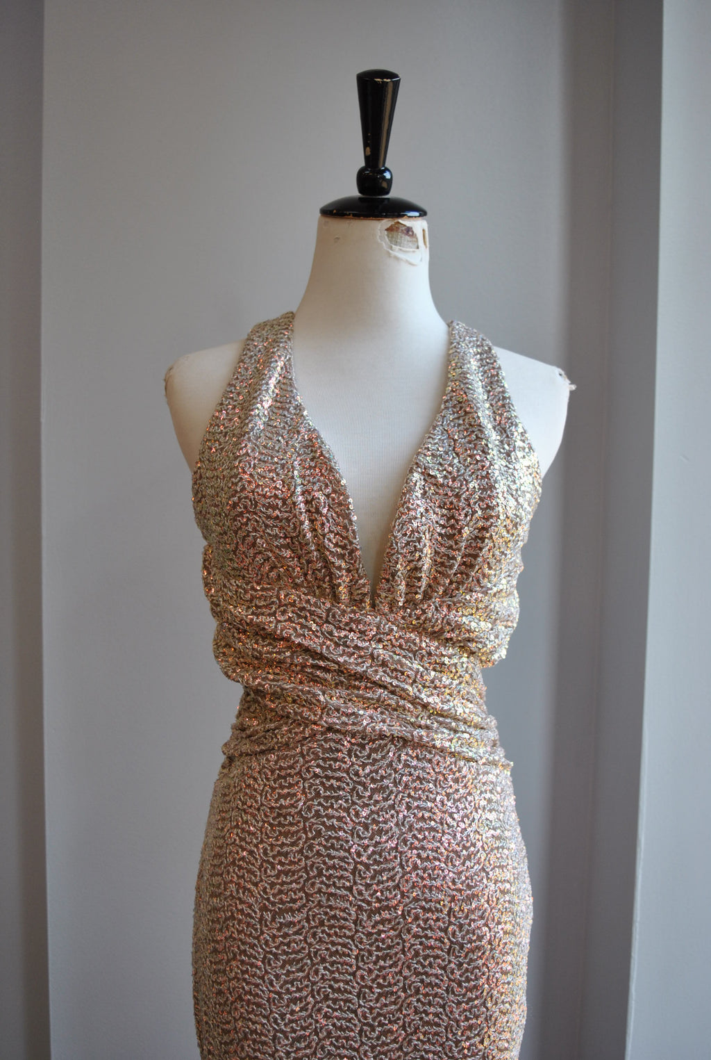 CLEARANCE - CHAMPAGNE MULTI SEQUIN LONG EVENING DRESS WITH OPEN BACK