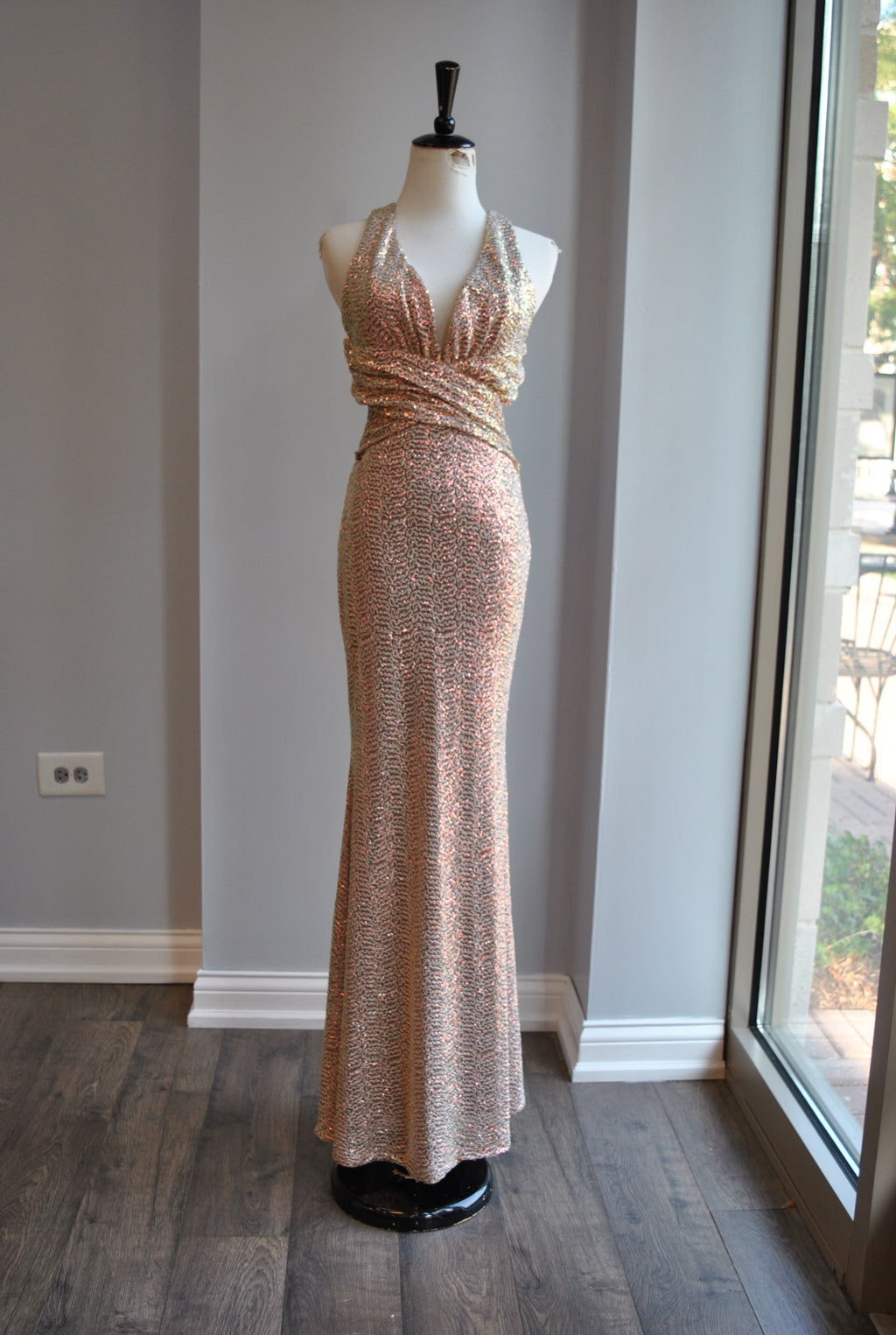 CLEARANCE - CHAMPAGNE MULTI SEQUIN LONG EVENING DRESS WITH OPEN BACK