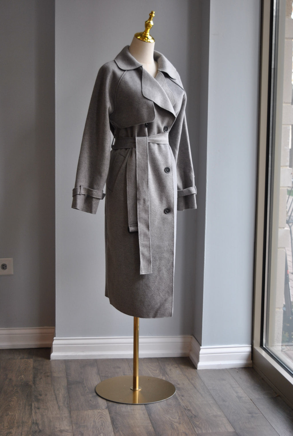 GREY SWEATER TRENCH COAT WITH SIDE POCKETS