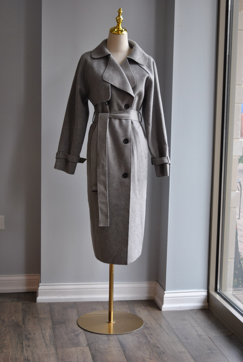 GREY SWEATER TRENCH COAT WITH SIDE POCKETS