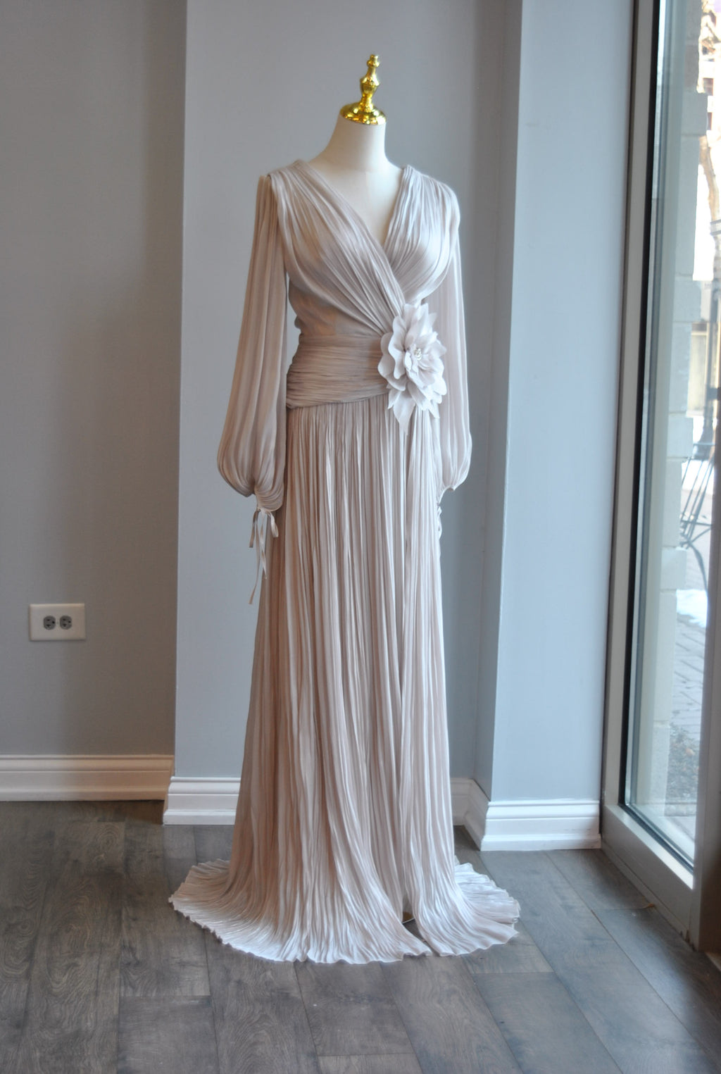 SILVER LONG EVENING GOWN WITH SIDE FLOWER