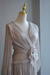 SILVER LONG EVENING GOWN WITH SIDE FLOWER