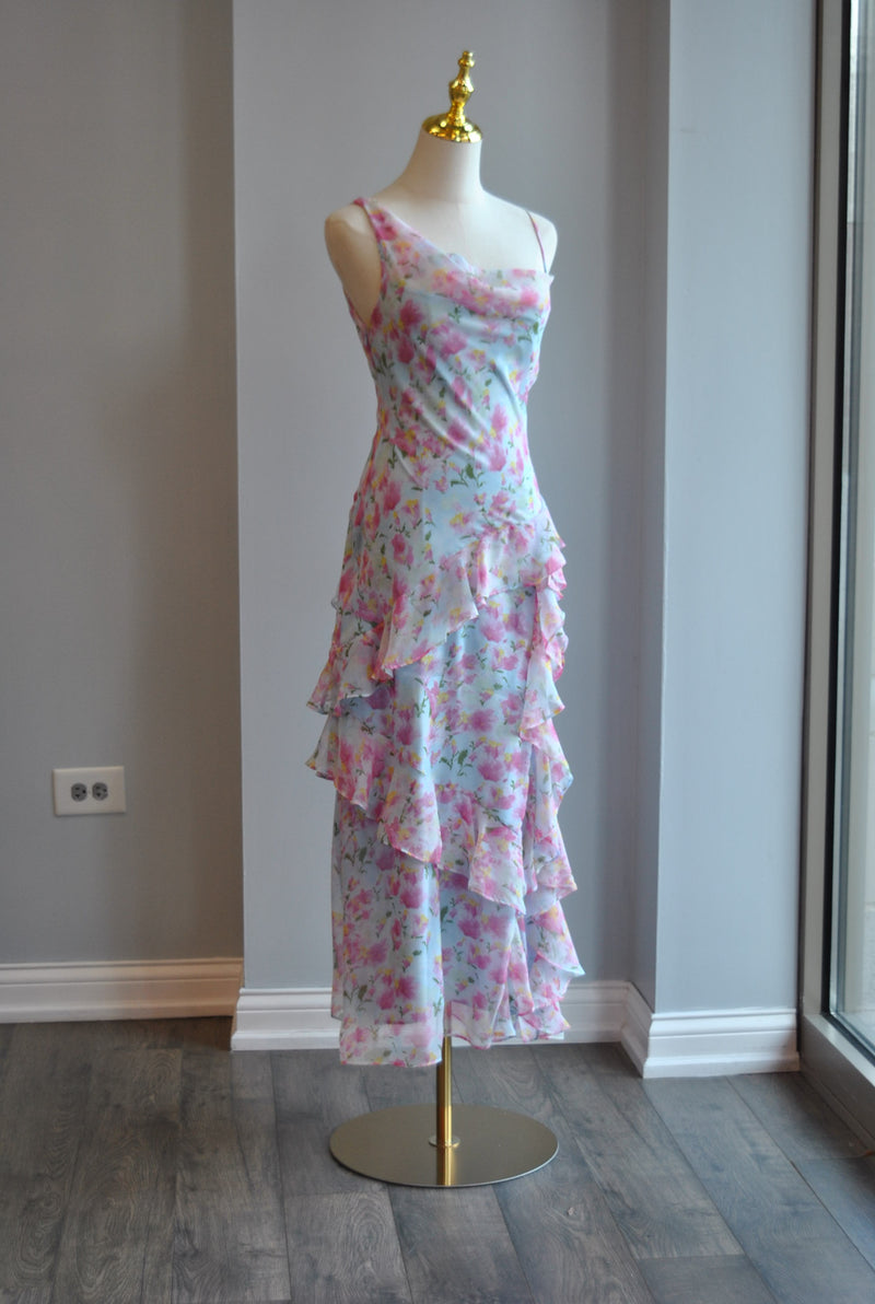 BLUE AND PINK FLOWER MIDI SUMMER DRESS