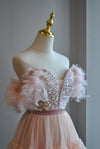 BLUSH PINK MESH WITH SEQUINS AND FEATHERS MINI PARTY DRESS