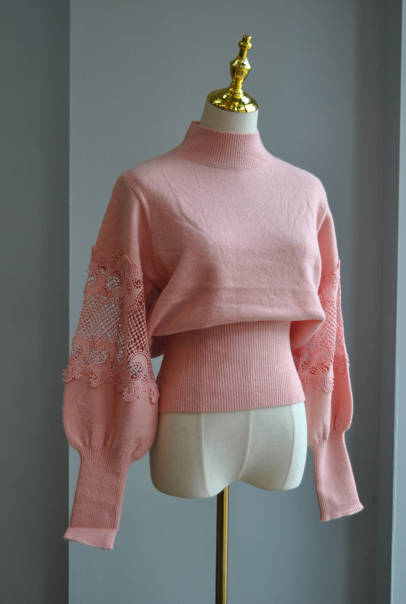 BLUSH PINK SWEATER TOP WITH  THE STATEMENT LACE SLEEVES