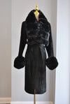 BLACK ALPAKA COAT WITH A BELT AND DETACHABLE FUAX FUR