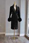 BLACK ALPAKA COAT WITH A BELT AND DETACHABLE FUAX FUR