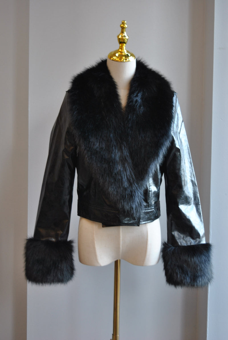 BLACK CROPPED FAUX LEATHER JACKET AND FUR