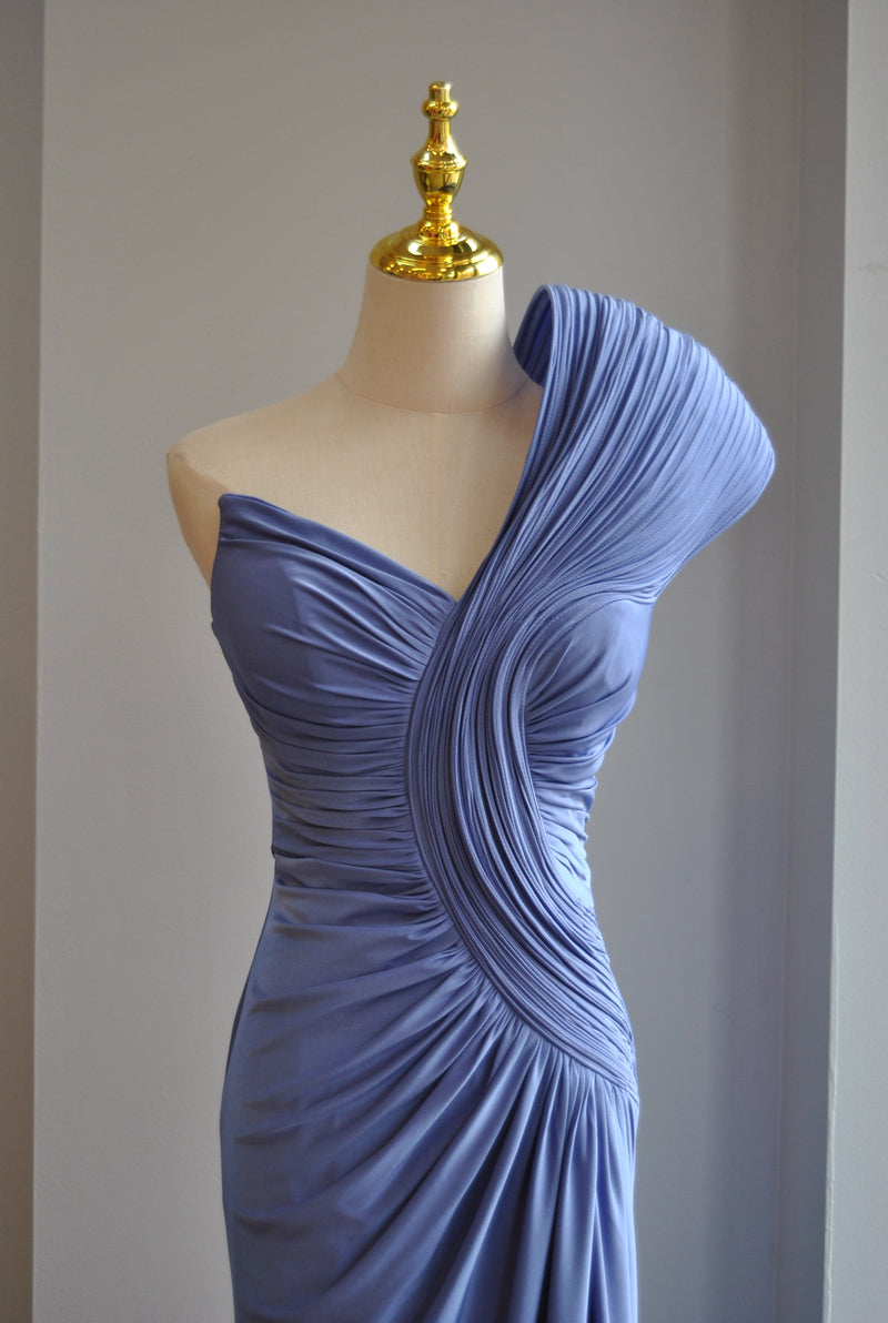 PERIWINKLE LONG ASYMMETRIC EVENING GOWN