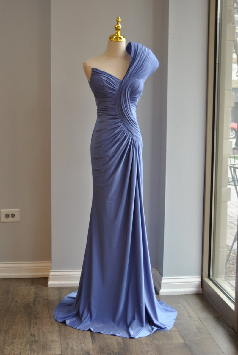 PERIWINKLE LONG ASYMMETRIC EVENING GOWN