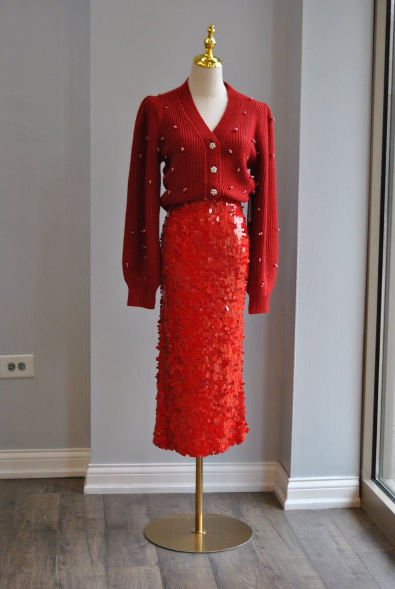 RED SEQUIN MIDI SKIRT