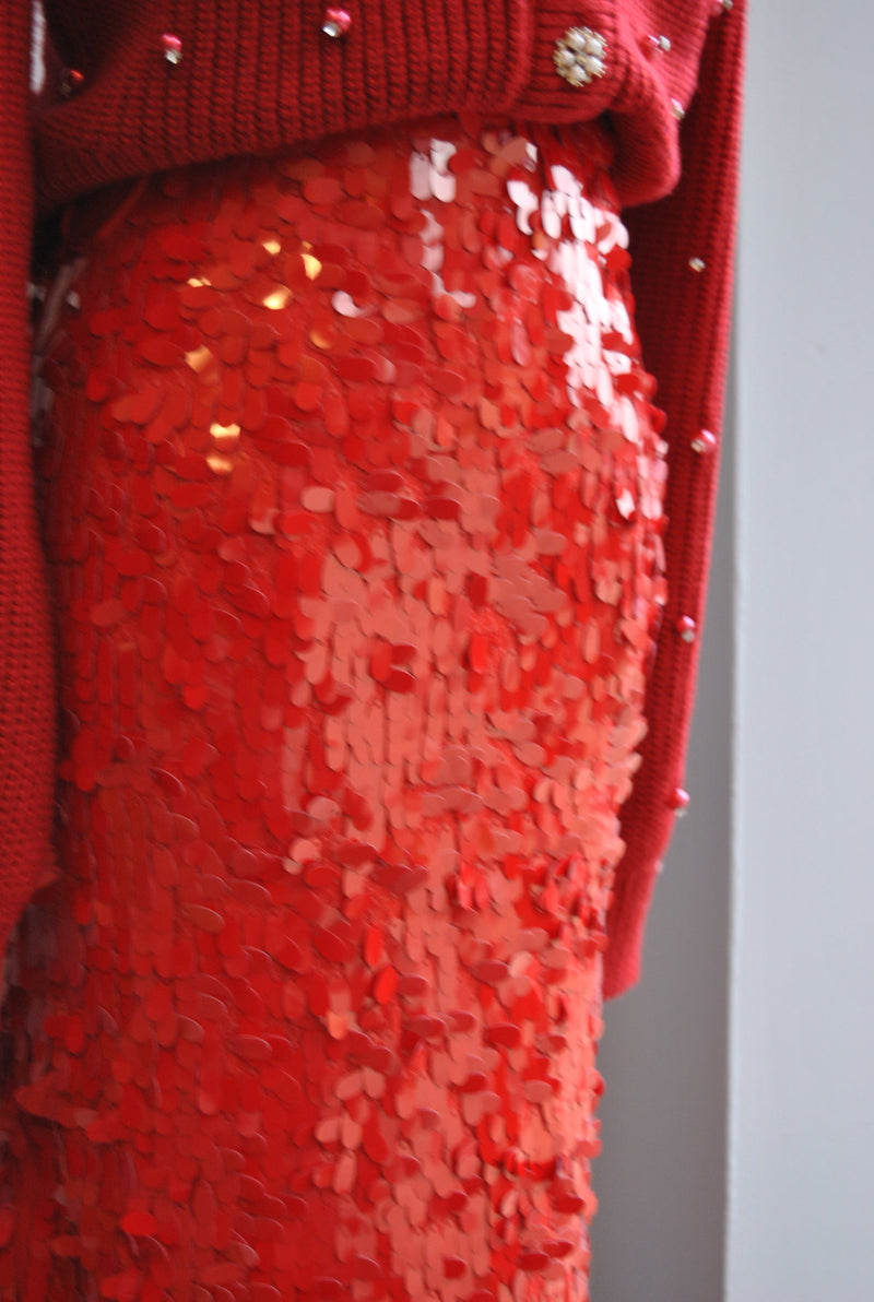 RED SEQUIN MIDI SKIRT