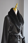 BLACK FAUX LEATHER AND FUAX FUR COAT WITH A BELT