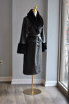 BLACK FAUX LEATHER AND FUAX FUR COAT WITH A BELT