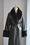 BLACK FAUX LEATHER AND FUAX FUR COAT WITH A BELT