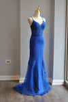 ROYAL BLUE LONG EVENING GOWN WITH LACE DETAILS