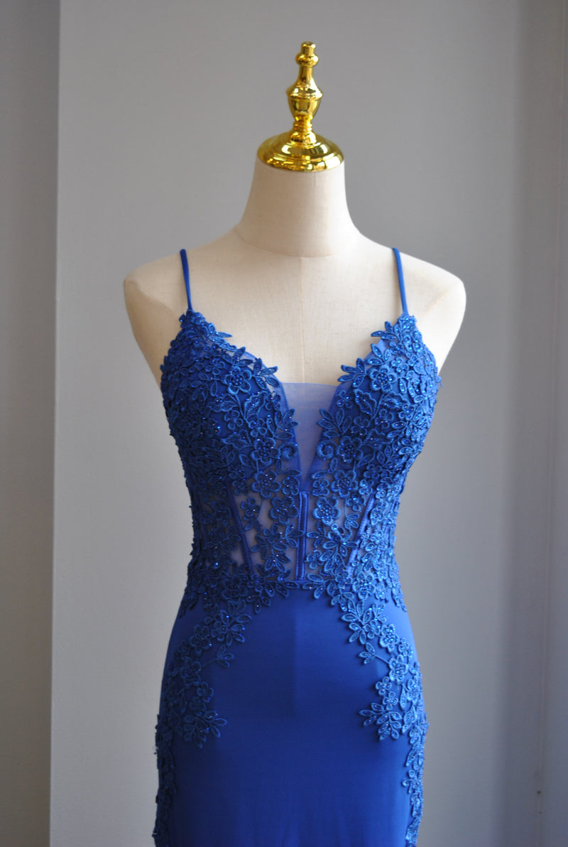 ROYAL BLUE LONG EVENING GOWN WITH LACE DETAILS