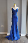 ROYAL BLUE LONG EVENING GOWN WITH LACE DETAILS