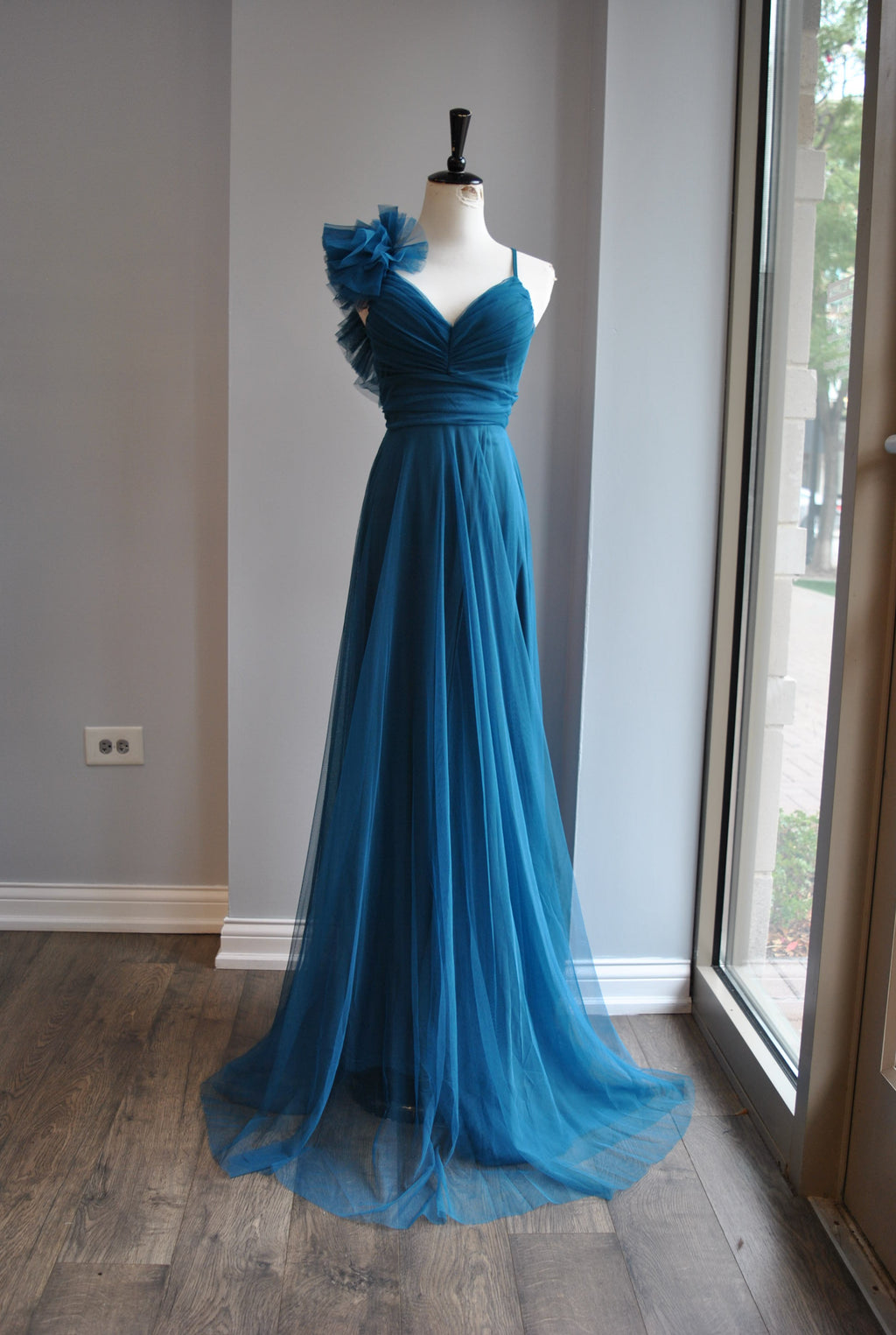 TEAL SHEER LONG EVENING GOWN WITH SIDE BOW