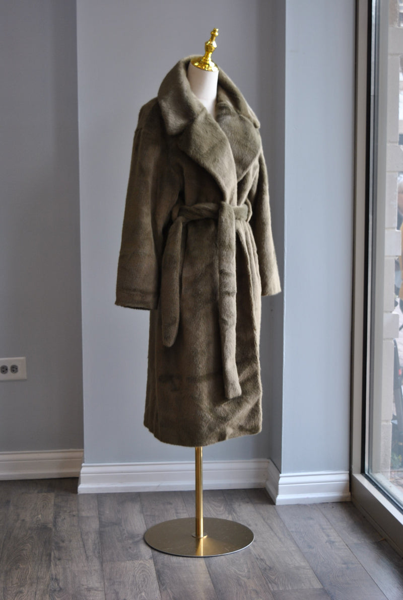 OLIVE GREEN FAUC FUR LONG COAT WITH A BELT