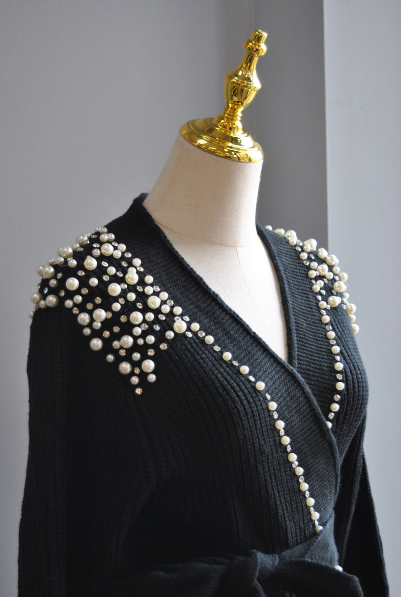 BLACK WRAP SWEATER WITH PEARLS AND CRYSTALS