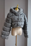 GREY FAUX FUR CROPPED JACKET WITH A HOODIE