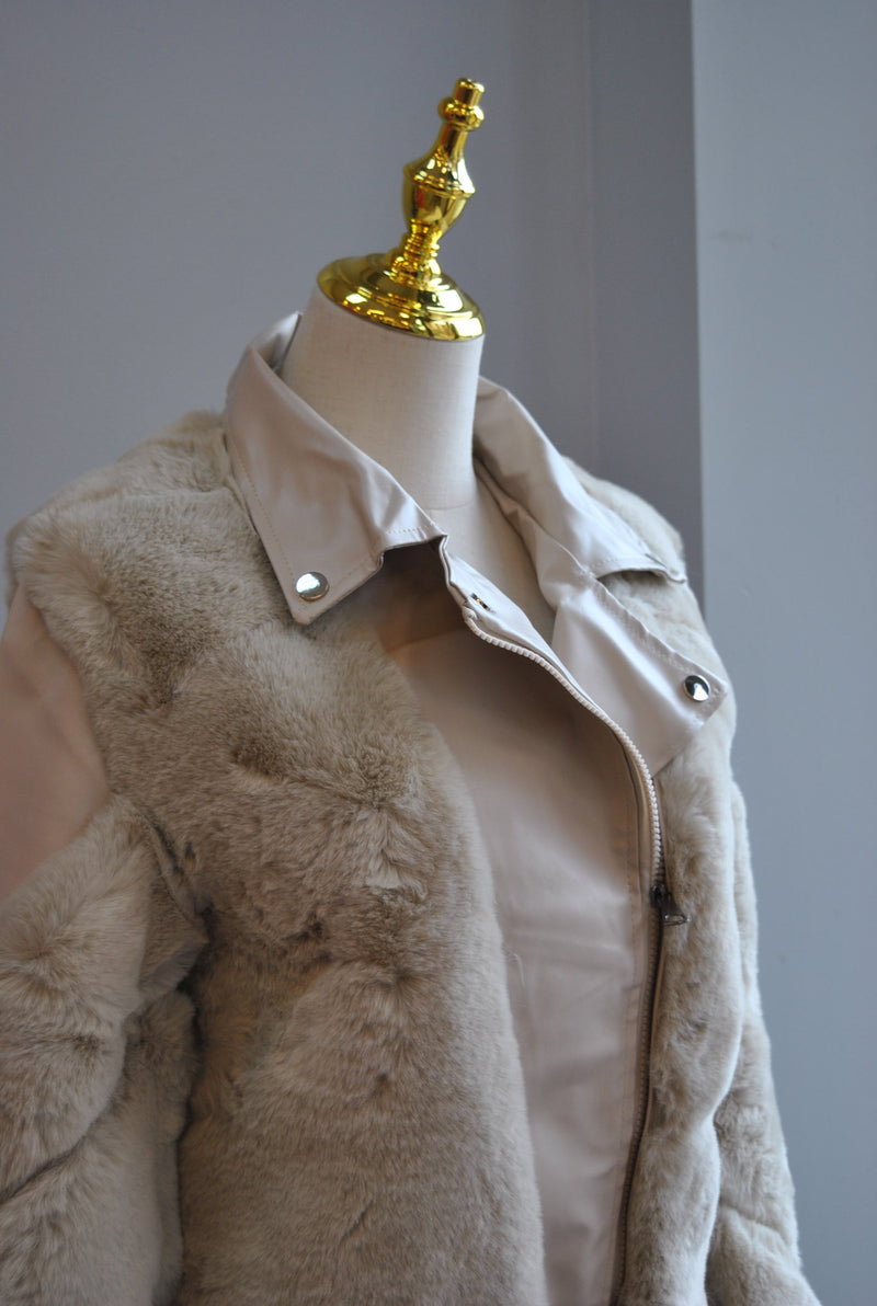 BEIGE FAUX FUR AND LEATHER JACKET