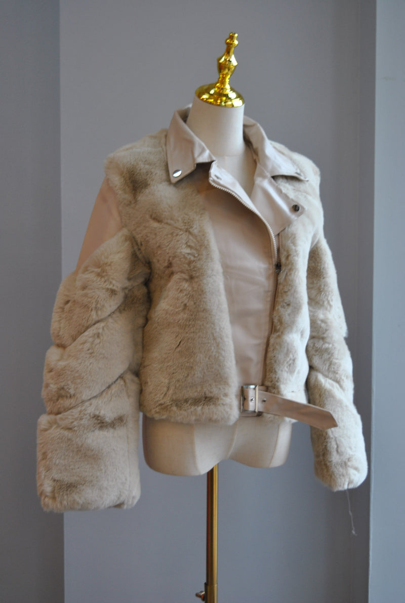 BEIGE FAUX FUR AND LEATHER JACKET