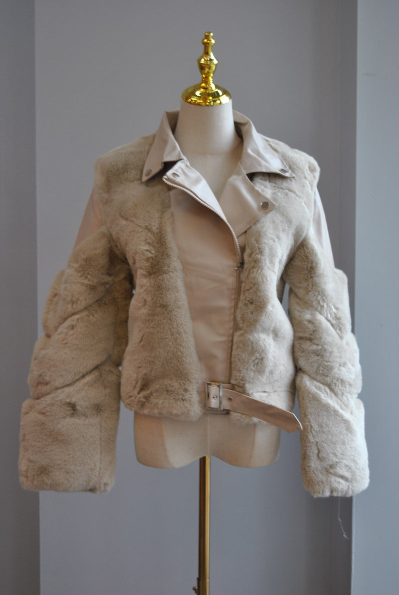 BEIGE FAUX FUR AND LEATHER JACKET