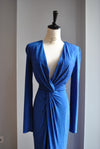 ROYAL BLUE CRYSTALS LONG EVENING GOWN WITH FRONT RUSHING