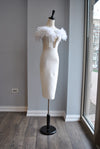 WHITE BANDAGE DRESS WITH FEATHERS