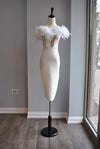 WHITE BANDAGE DRESS WITH FEATHERS