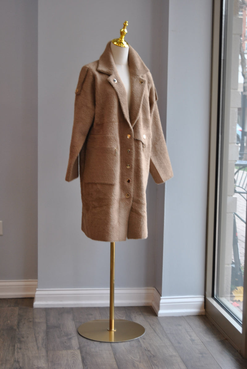 TAUPE ALPAKA COAT WITH GOLD BUTTONS