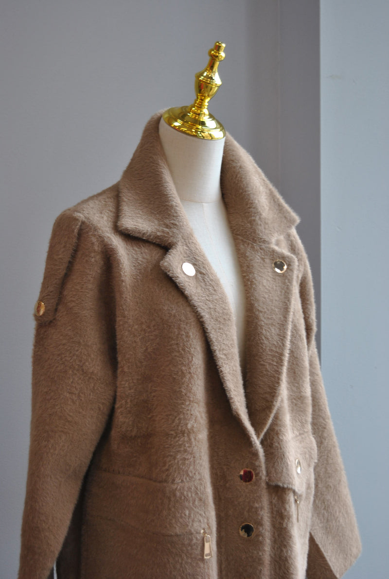 TAUPE ALPAKA COAT WITH GOLD BUTTONS