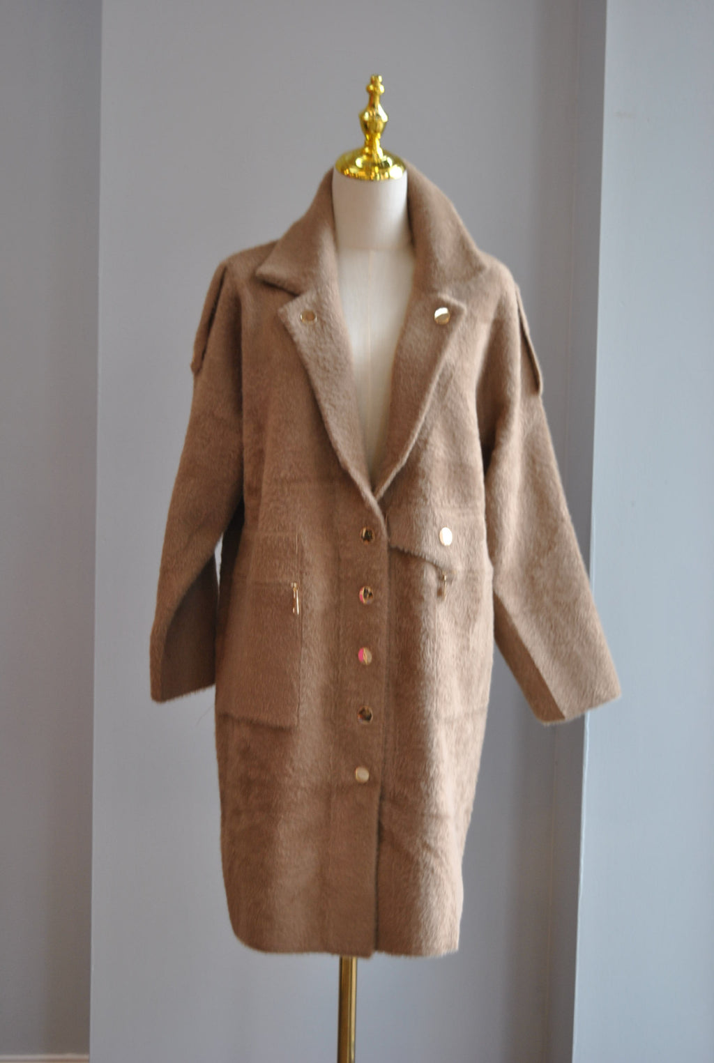 TAUPE ALPAKA COAT WITH GOLD BUTTONS