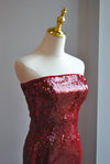 BURGUNDY SEQUIN STRAPLESS MIDI DRESS