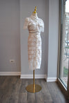 WHITE LACE MIDI DRESS WITH CRSTAL BUTTONS AND A BELT