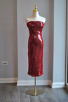 BURGUNDY SEQUIN STRAPLESS MIDI DRESS