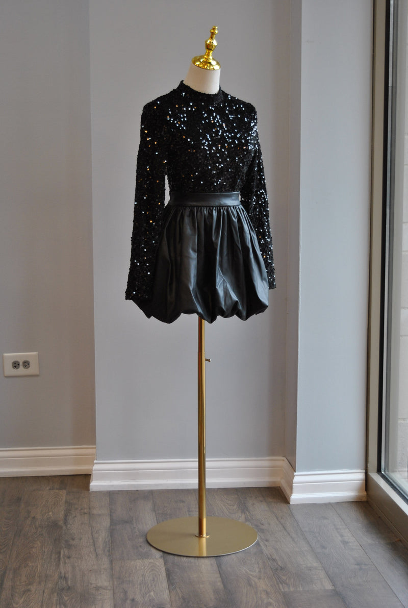 BLACK SET OF SEQUIN TOP AND MINI FAUX LEATHER SKIRT