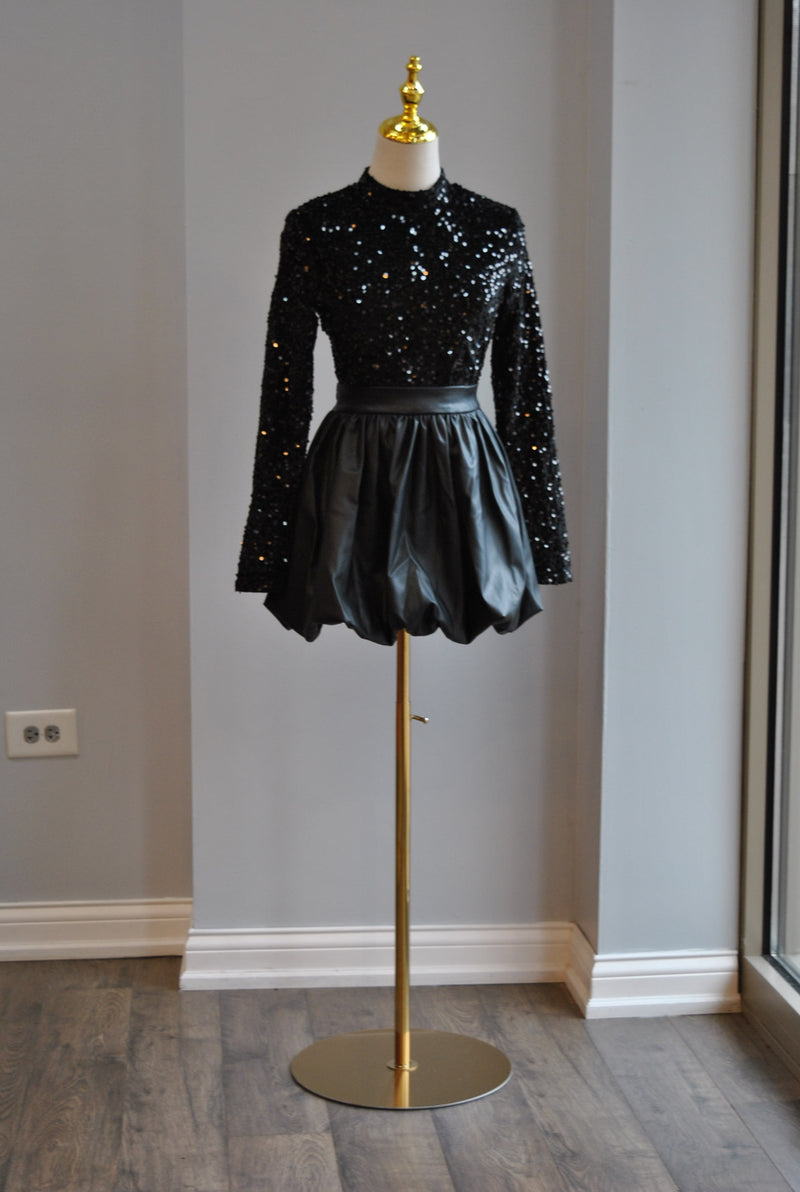 BLACK SET OF SEQUIN TOP AND MINI FAUX LEATHER SKIRT