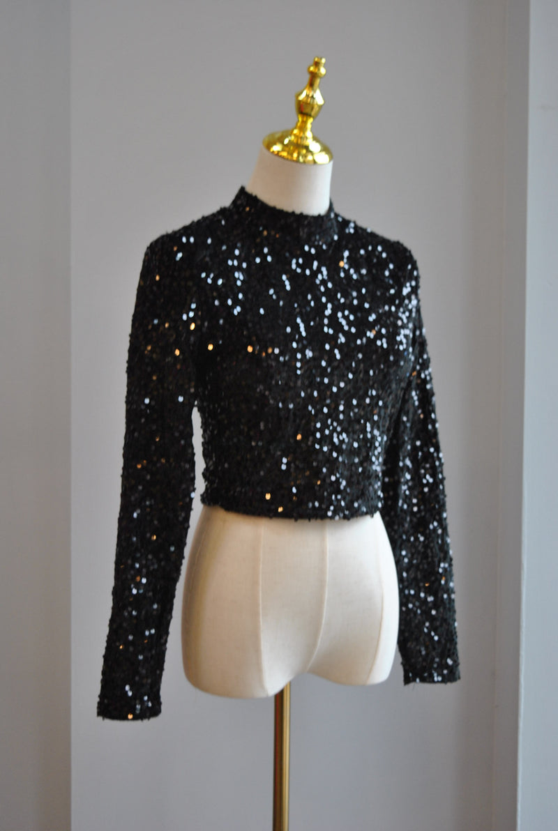 BLACK SET OF SEQUIN TOP AND MINI FAUX LEATHER SKIRT