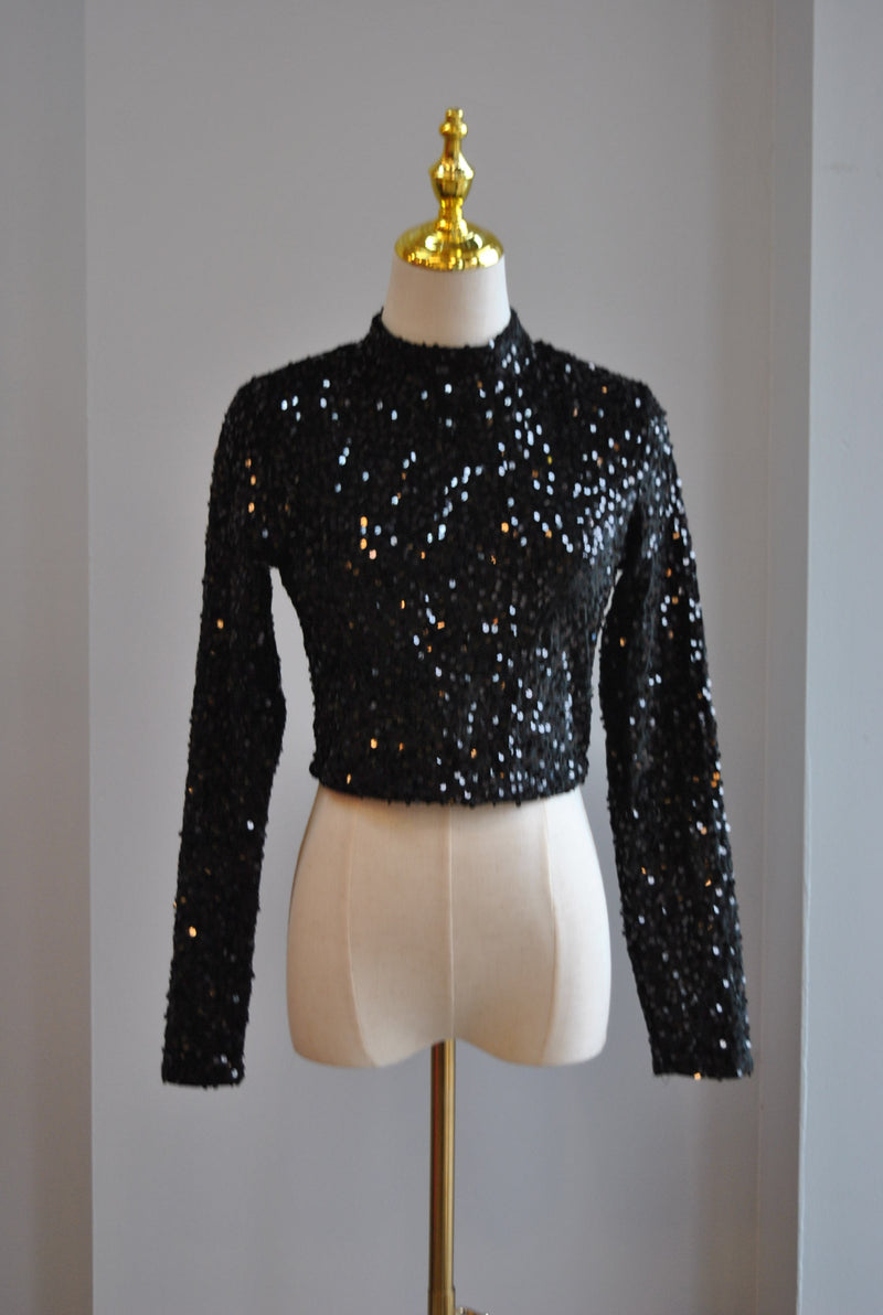 BLACK SET OF SEQUIN TOP AND MINI FAUX LEATHER SKIRT