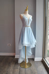 CLEARANCE - LIGHT BLUE HIGH AND LOW COCKTAIL DRESS WITH A CRYSTAL BELT