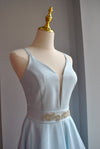 CLEARANCE - LIGHT BLUE HIGH AND LOW COCKTAIL DRESS WITH A CRYSTAL BELT