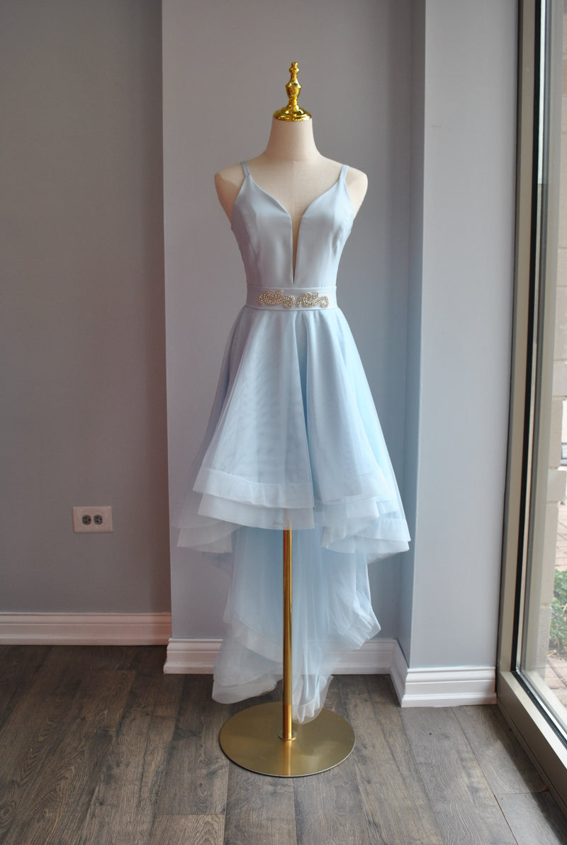 CLEARANCE - LIGHT BLUE HIGH AND LOW COCKTAIL DRESS WITH A CRYSTAL BELT