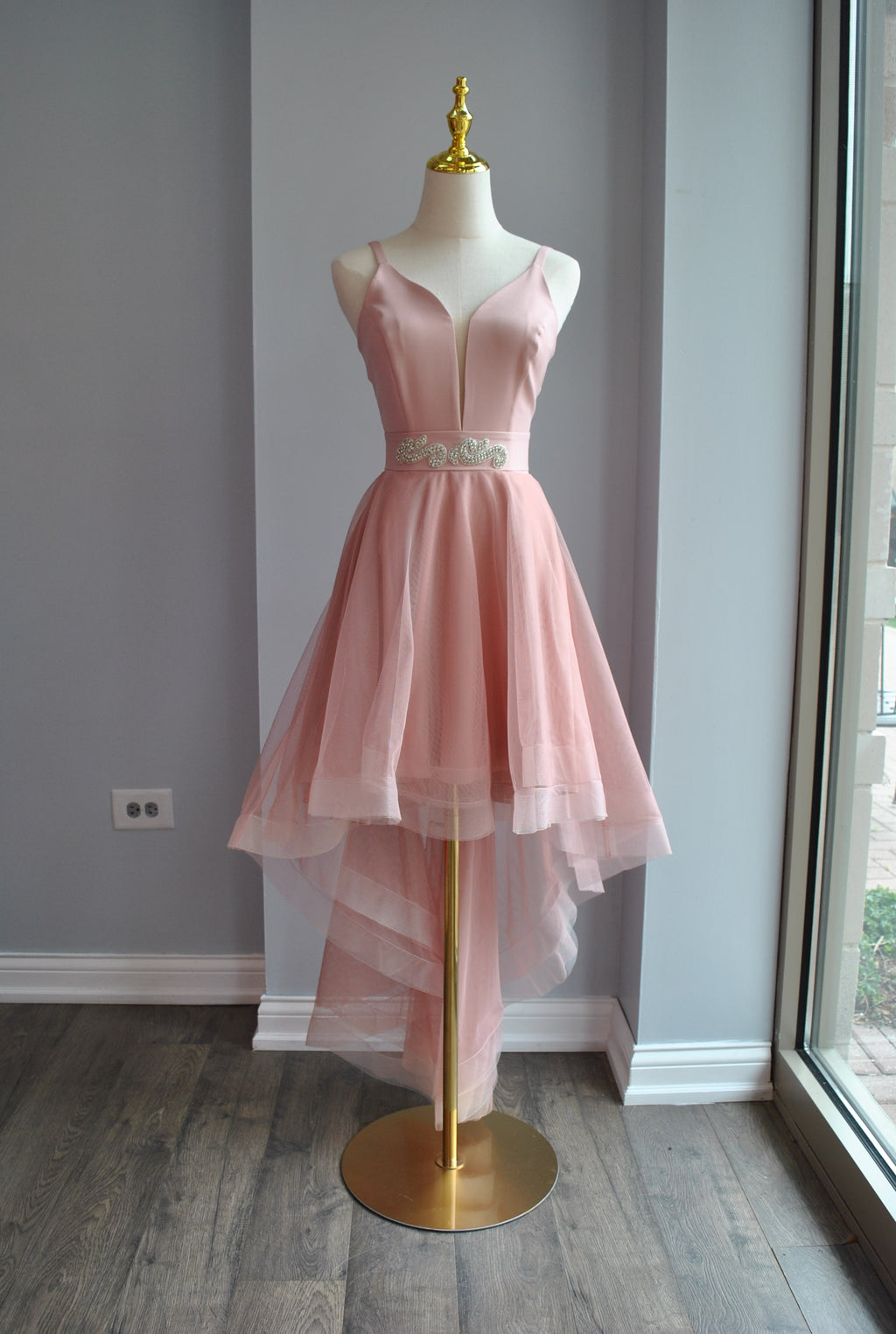 CLEARANCE - BLUSH PINK HIGH AND LOW DRESS WITH CRYSTAL BELT