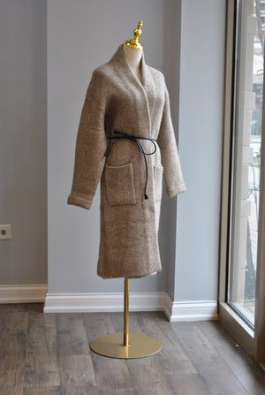 TAUPE SWEATER COAT WITH A BELT