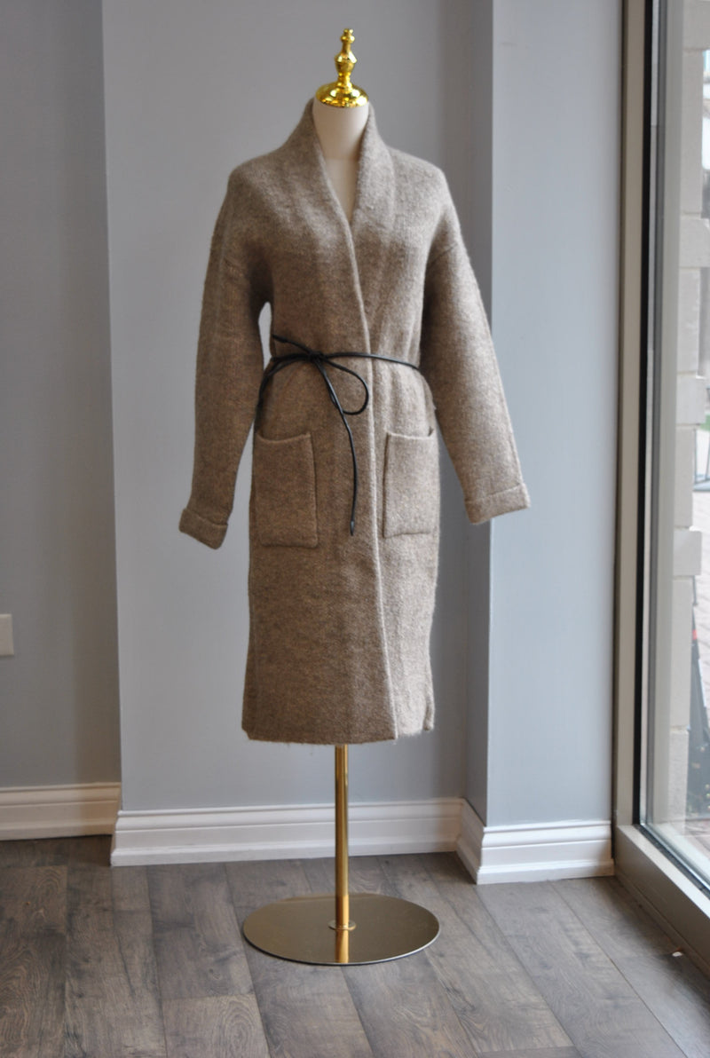 TAUPE SWEATER COAT WITH A BELT